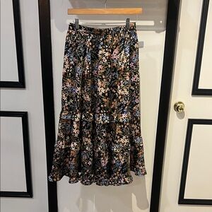 Black Floral Tiered Midi Skirt with Pastel Blossoms